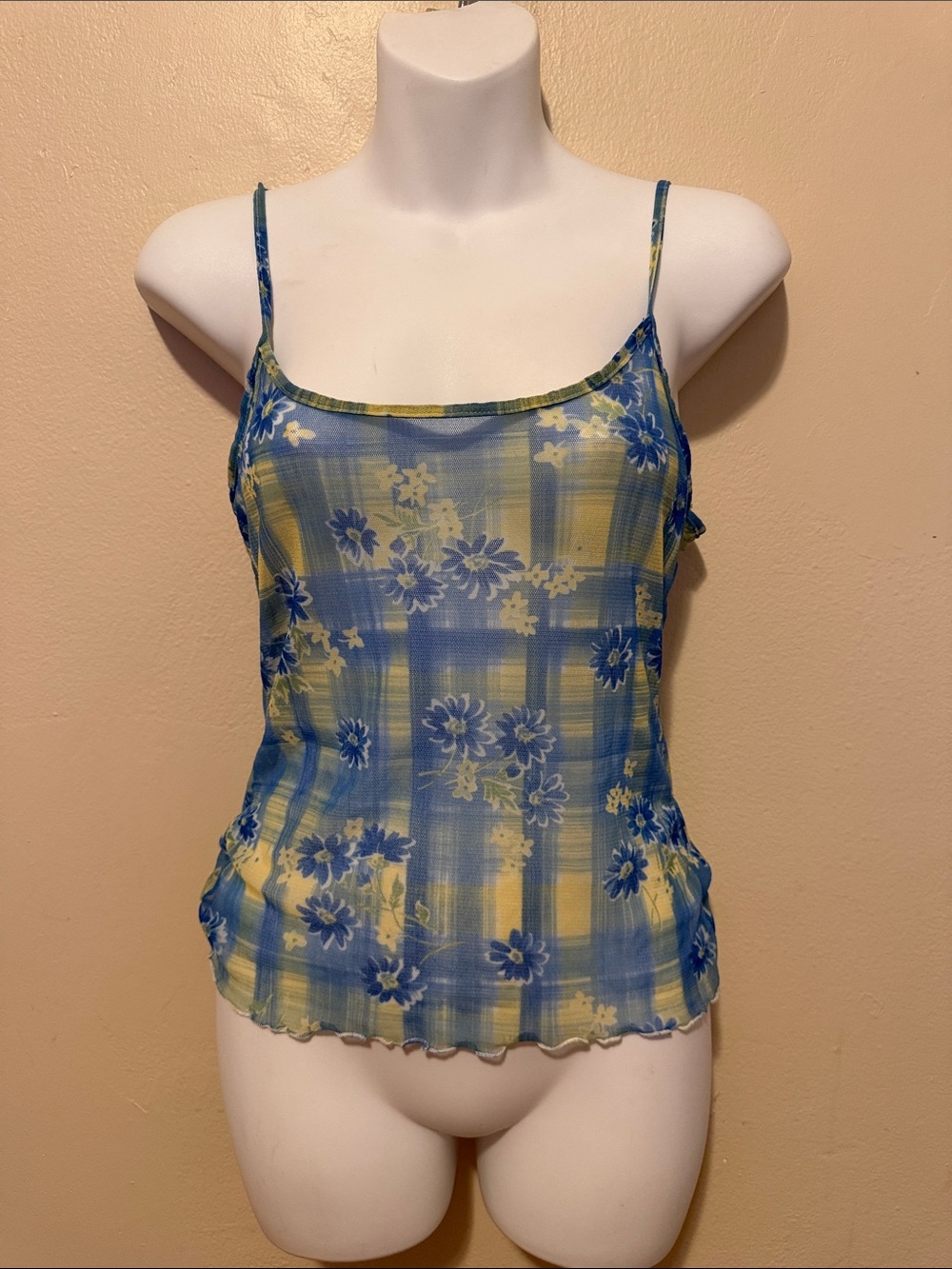 Blue and Yellow Floral Plaid Cami Top